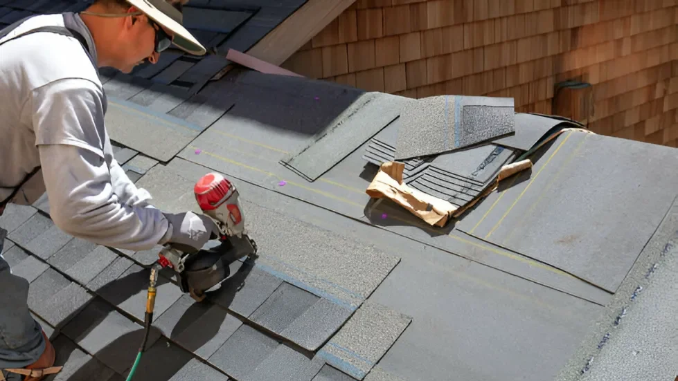 professional roofer installing asphalt roofing shingles