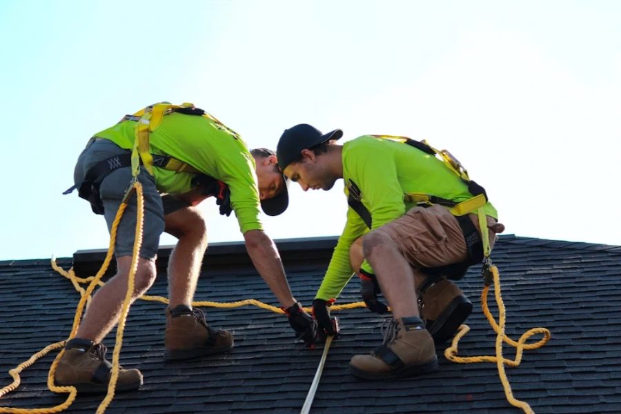 two professional roofers inspecting a roof