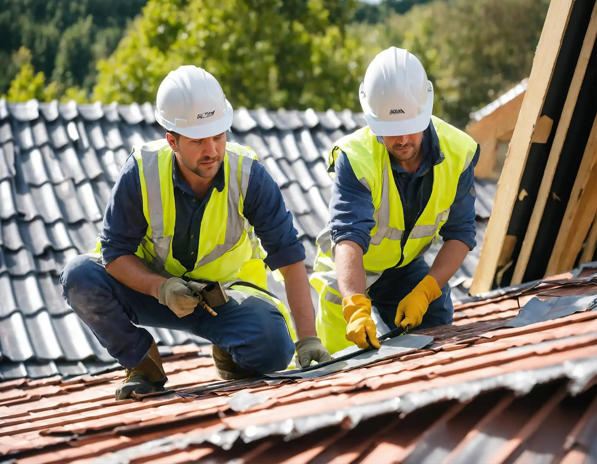 two residential roofers repairing a damaged roof