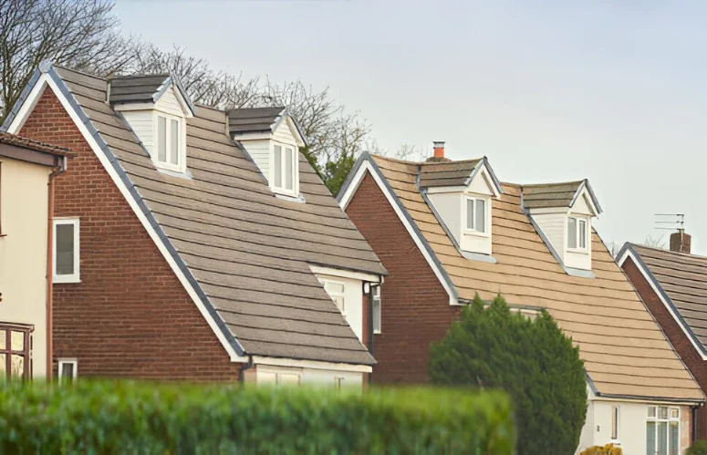 a row of house roofs with asphalt shingles