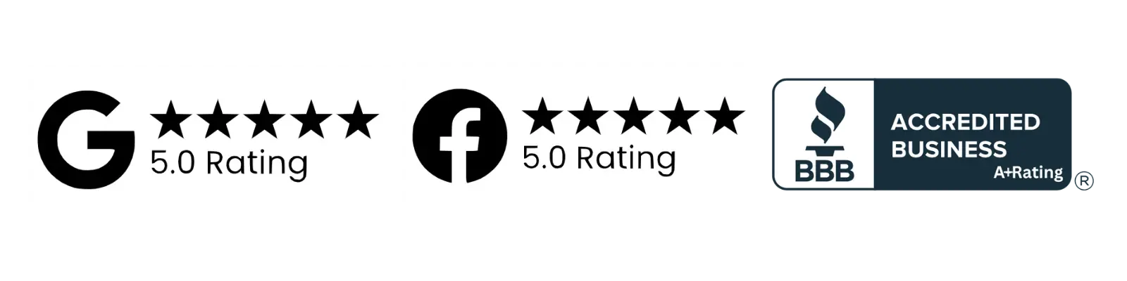 Google 5.0 rating, BBB A+, and local community badges