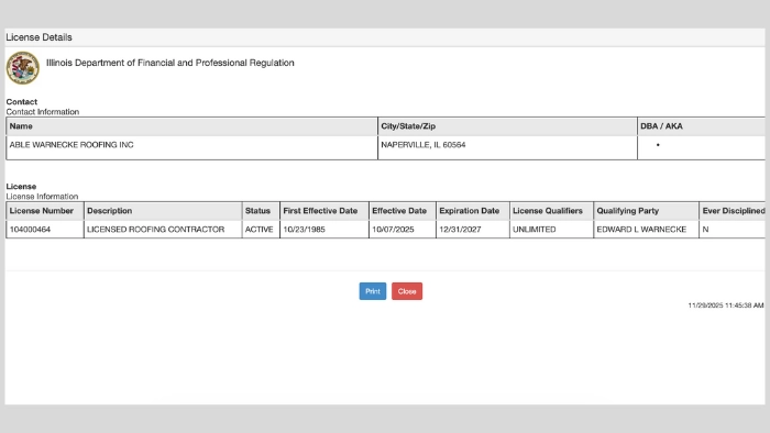 Able-Warnecke roofing license illinois