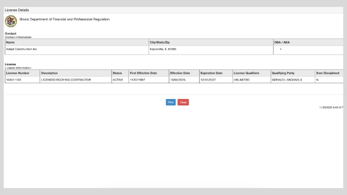 adept roofing license illinois