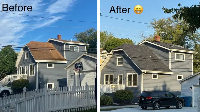 Before and after comparison of a roofing project in Downers Grove
