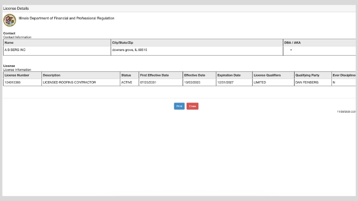 berg roofing license illinois