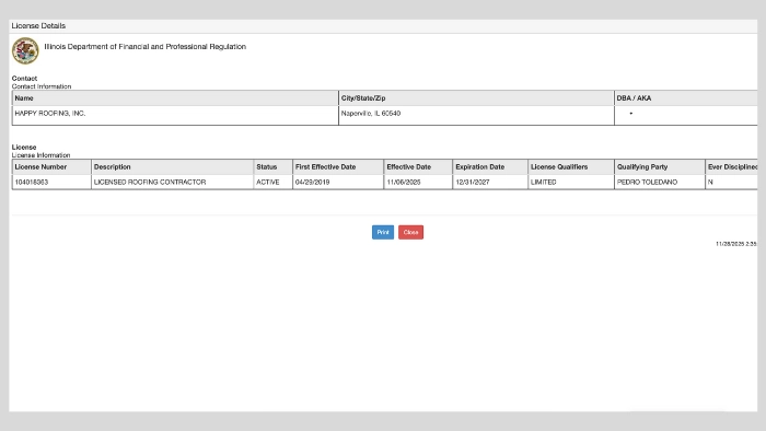happy roofing license illinois