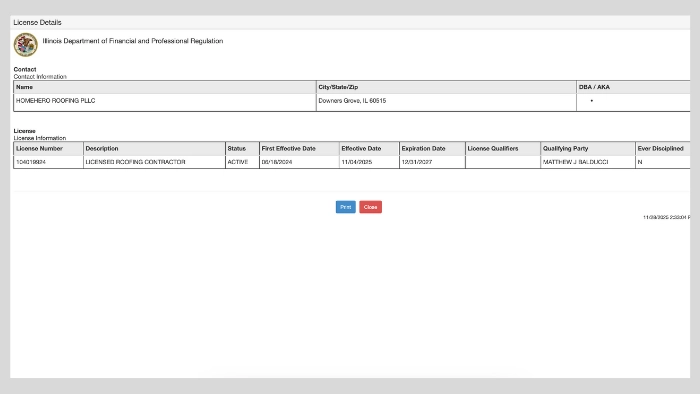 homehero roofing license illinois