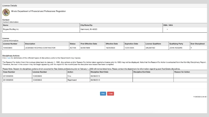 rogers roofing license illinois