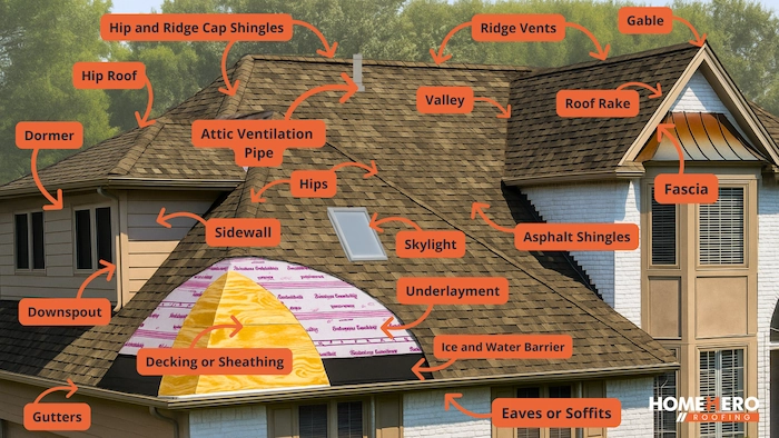 diagram labeled parts of a roof system
