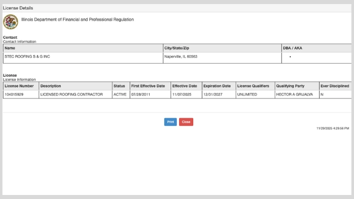 stec roofing license illinois