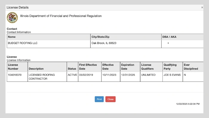 budget roofing license il