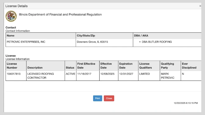 butler roofing license