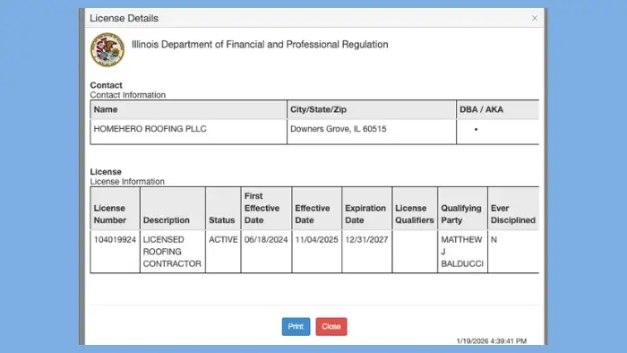 detailed view of active Illinois roofing license