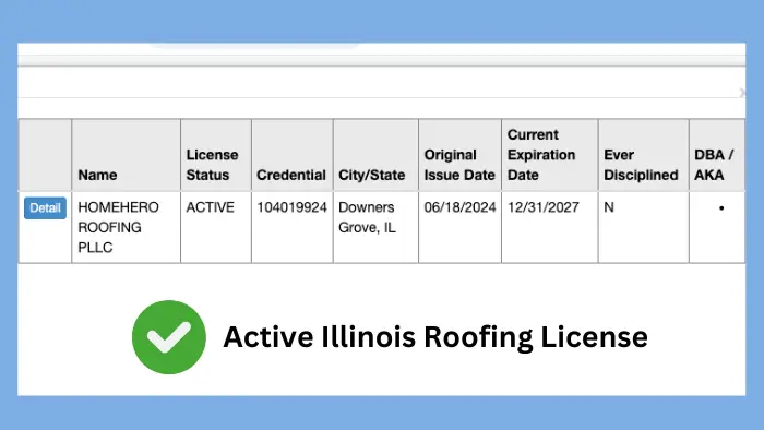 example of active Illinois Roofers License from HomeHero Roofing