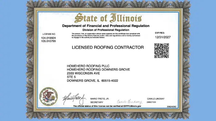 Official Valid HomeHero Roofing License in Illinois