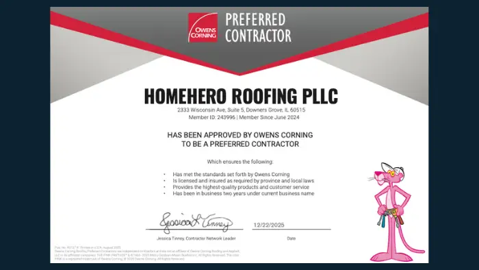 Owens Corning preferred roofer certificate HomeHero